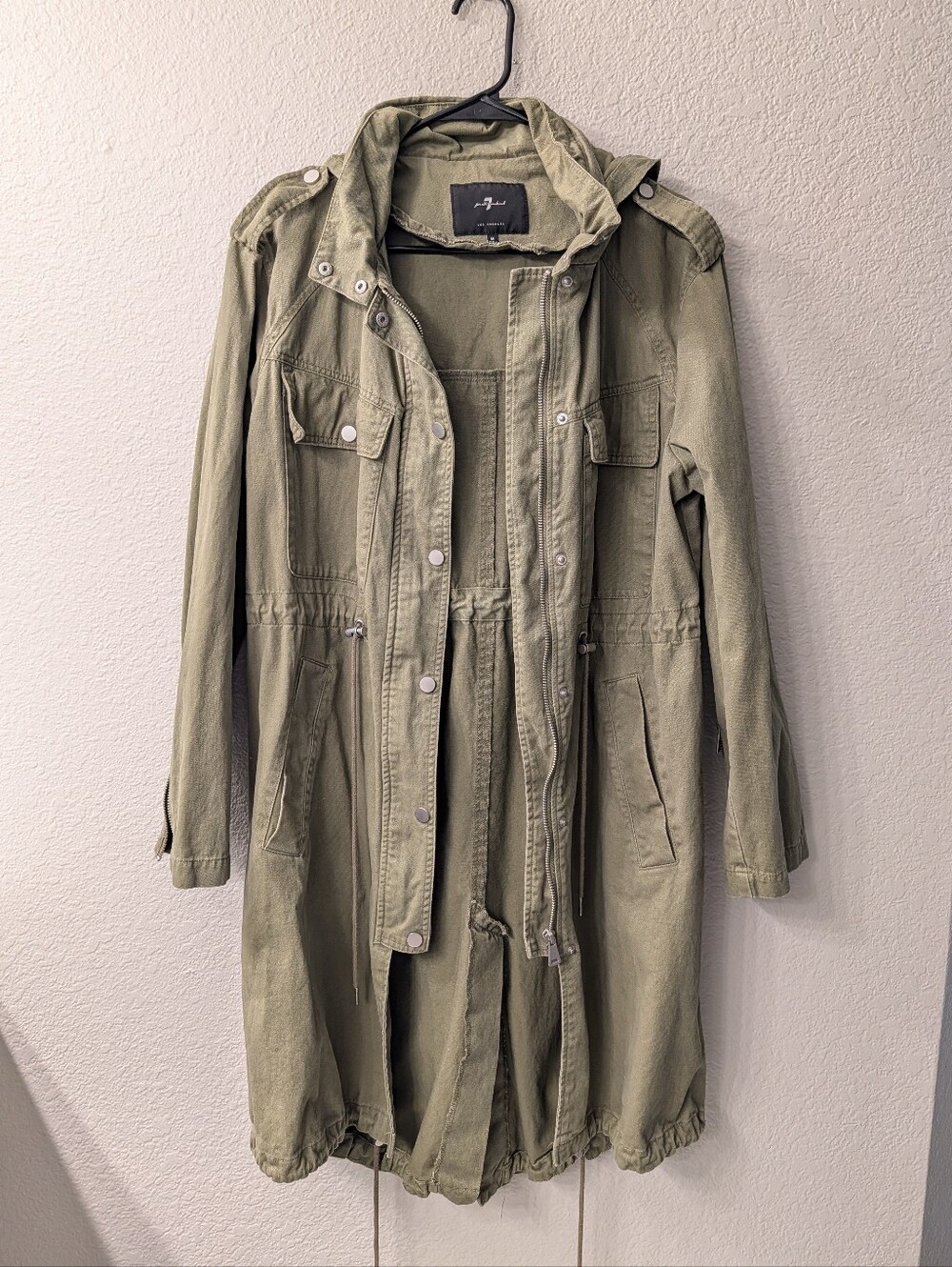 7 For All Mankind Coat Army Green 100% Cotton Stowaway Hood Split Tail Hem
